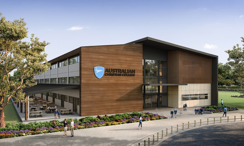 View of the new ACC Casey building on the new schools site in Cranbourne South, Victoria