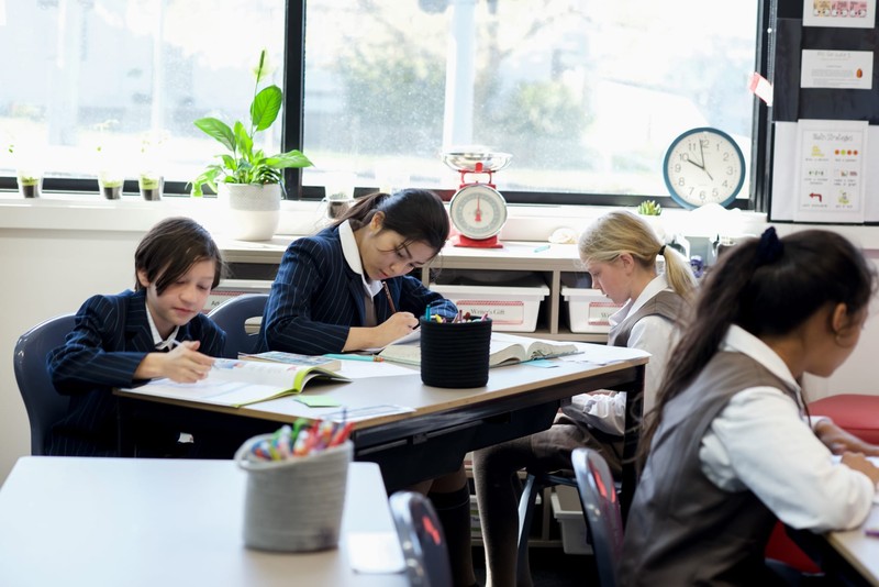 Students sitting at desks in naturally lit classroom working in workbooks