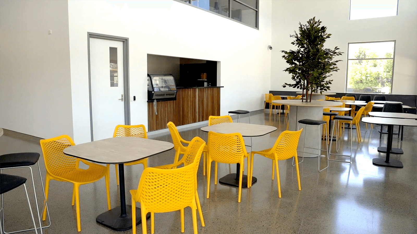 new chairs in front of a clean school canteen