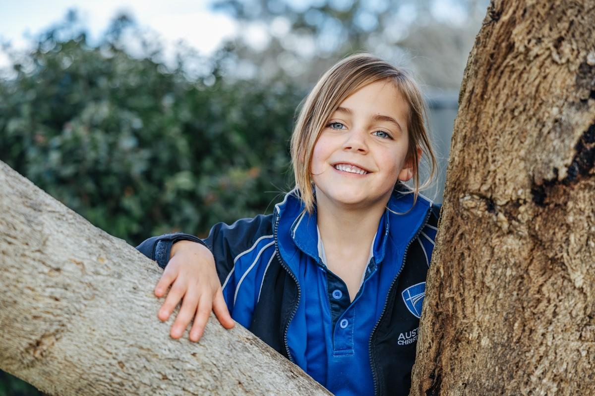 Kindergarten girl building gross motor skills by climbing a tree at the Albany WA school