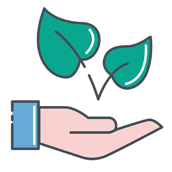 cartoon hand holding sprouting leaves encapsultating the idea of character formation